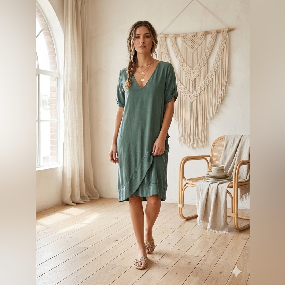 Dolan Left Coast Collection Cupro Blend Drape Front Shift Dress – Sage Green